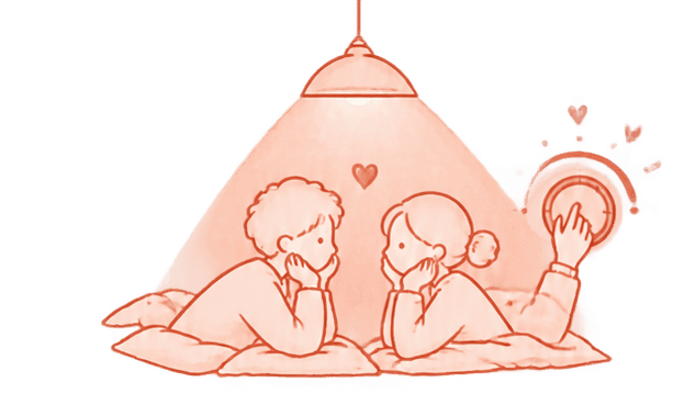 Line illustration of a couple leaning close together under a low hanging lamp