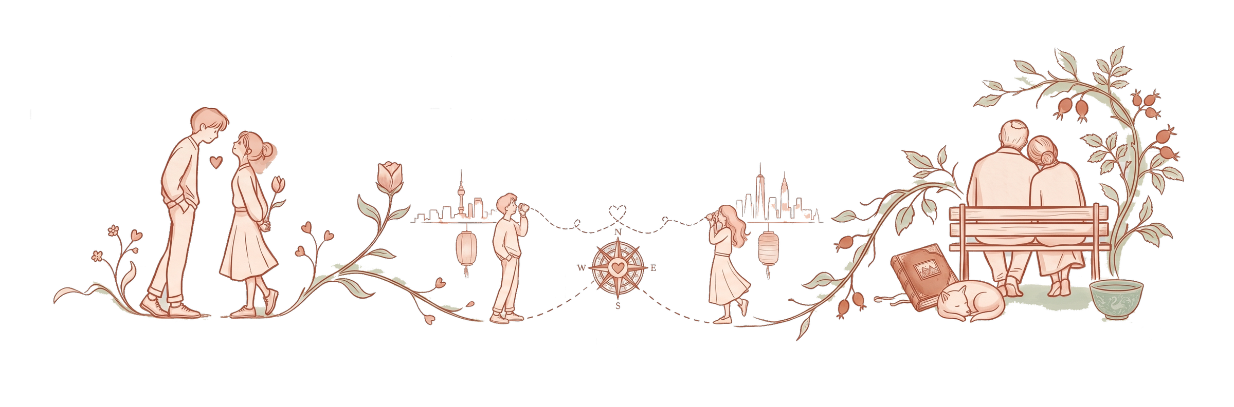One winding path holding three couples: a new pair, a long-distance pair, and a pair decades in.